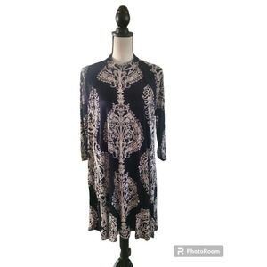 Free People Black & Tan Print 3/4 Sleeves High Neck Knee Length Swing Dress Sz L